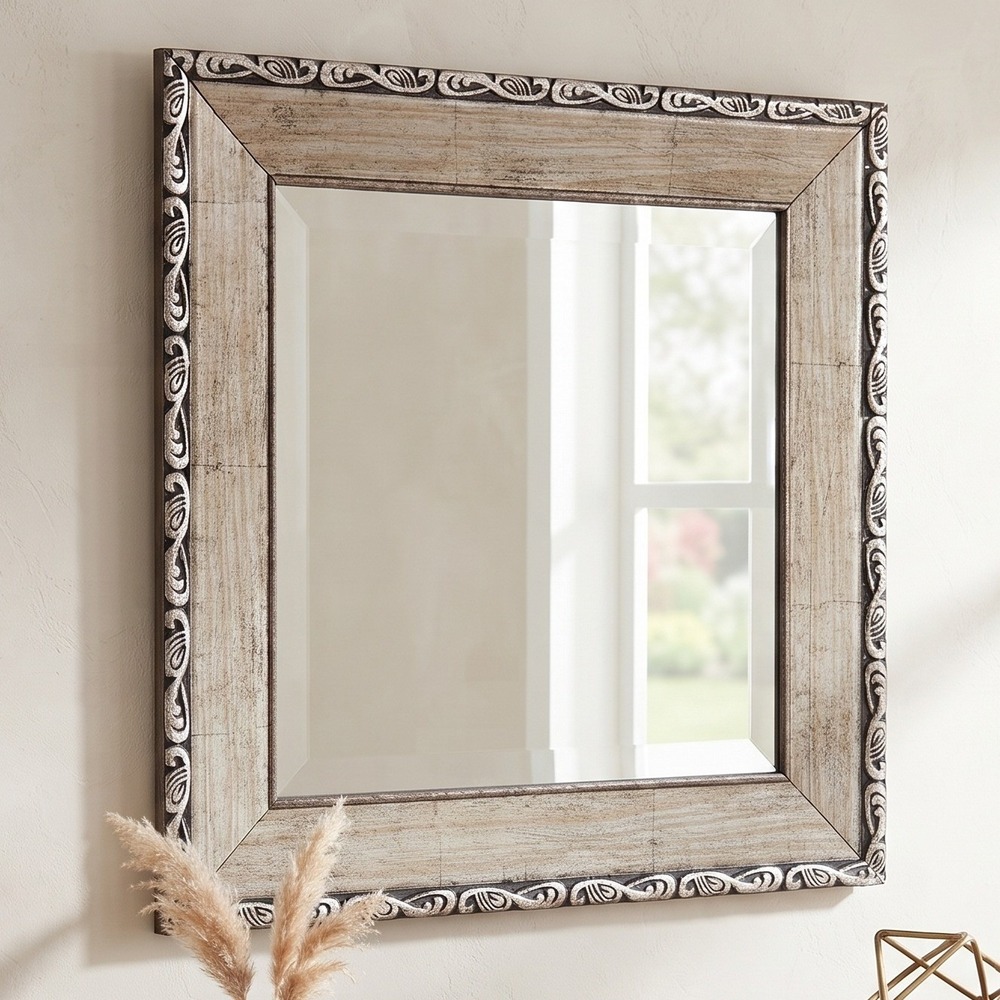 Square Beveled Wall Mirror Champagne Silver Scrollwork Frame 16x16 Vintage Style
